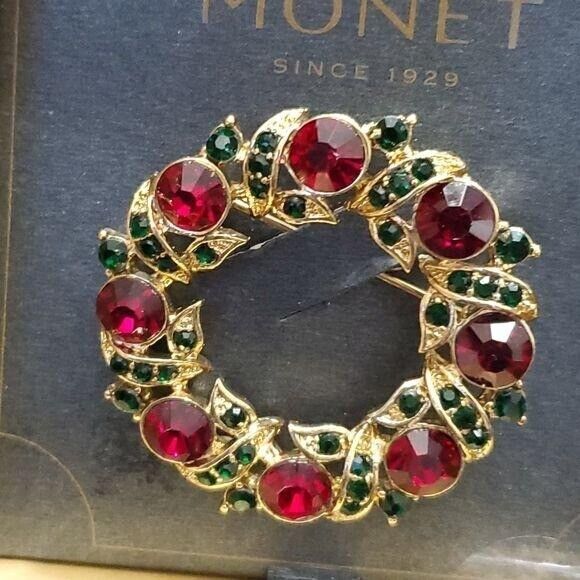 Monet gold tone red and green rhinestone brooch - Picture 5 of 5